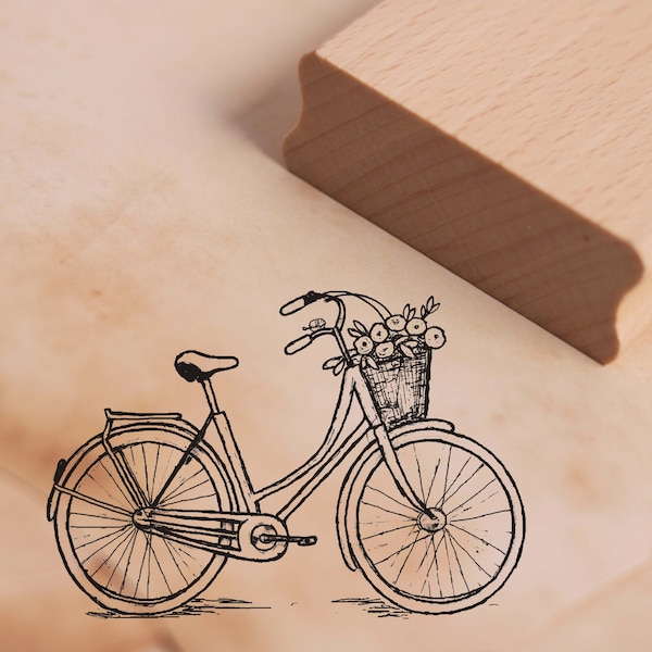 Bicicletta a francobollo con cesto di fiori - Timbro Motif - Circa 48 x 34 mm - Francobolli di Ritale di francobolli in legno - Retro Vintage Nostalgia Mamma Nonna