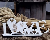 Decorative Listing LOVE EULE on BÜCHERSTAPEL with Hearts Love Decadsheet Heart Shield Home Decoration Table Decoration Shabby Gift Readers Books