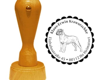 Dirección sello perro 'BULLMASTIFF' con dirección personal y motivo - sello de nombre de sello de madera perro raza Policía de vigilancia de Inglaterra