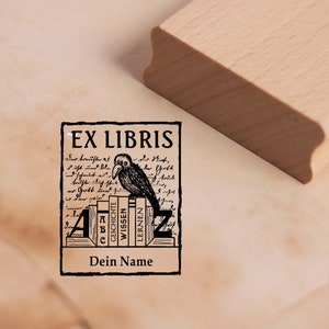 Ex Libris stamp with name - raven and books Exlibris motif stamp 38 x 48 mm - wooden stamp book stamp book stamp library gift