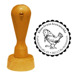 Stamp wooden stamp address stamp «HUHN with KOPFTUCH» with personal address and motif name farmer hen farm farmhouse eggs egg yard