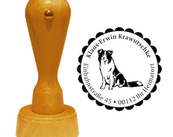 Adres stempel hond «BORDER COLLIE 01» met persoonlijke adres en onderwerp - houten stempels naam RAS hoeden van Schotland, Wales