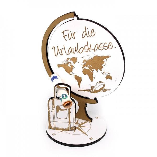Geldgeschenk Weltenbummler - Für die Urlaubskasse - Globus Schild für Geld Gutschein Urlaub - Geschenk Weltreise Reise Abenteurer Koffer