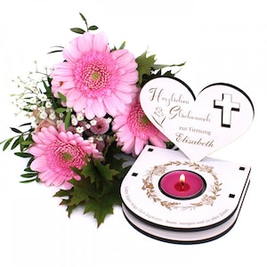 Tealight holder Confirmation with saying God&#39;s blessing and desired name - with roses and cross motif - tealight candle holder church sacrament gift