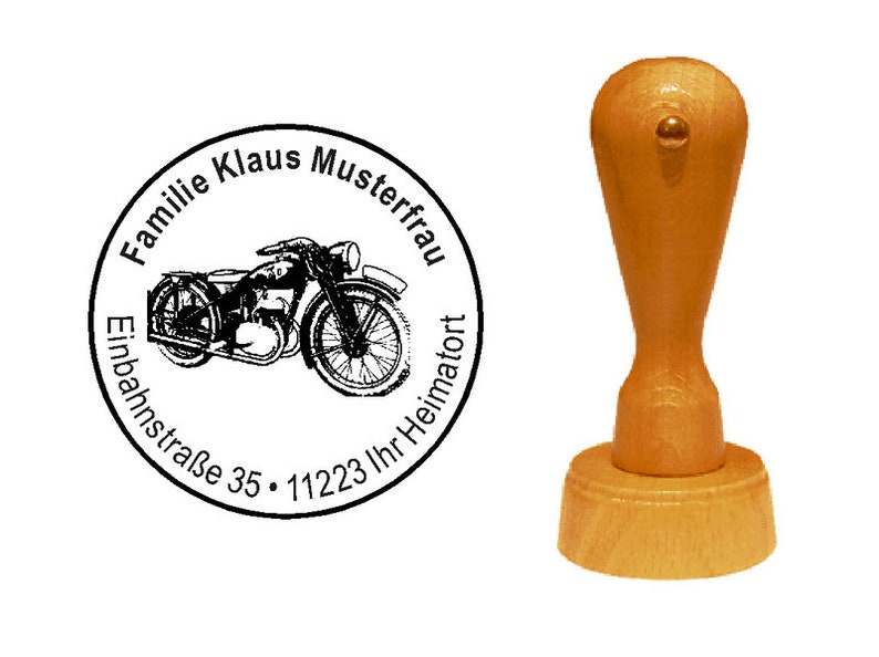 Stempel Holzstempel Motorrad 1 mit Name und Adresse Ø 35 mm Bild 1