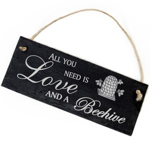 Slate decoration beehive with bees shield 22 x 8 cm - All you need is Love and a Beehive