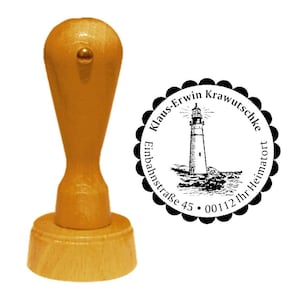 Timbro indirizzo " LEUCHTTURM 03 - con indirizzo personale e motivo - timbro in legno nome timbro marbaltico Mar Del Nord torre marittima