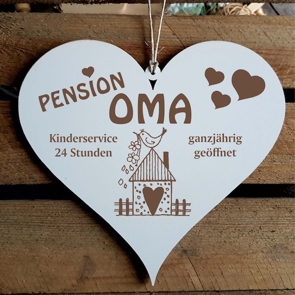 Schild Herz « PENSION OMA » Motiv Vogelhaus Herzen Dekoschild Herzschild Hängeschild Deko Geschenk Großmutter Enkel Kinder Rentner Haus