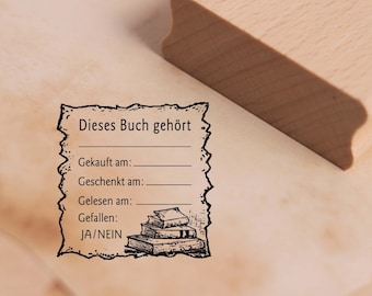 Motivstempel Etikett Dieses Buch gehört - zum Ausfüllen - Datum Bücher Bücherstapel Stempel Holzstempel 48 x 48 mm - Buchstempel Ex Libris