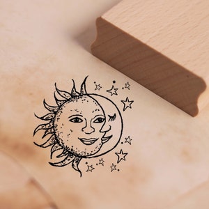 Timbre à motif soleil uni avec la lune et les étoiles - timbre en bois 48 x 48 mm - scrapbooking gaufrage estampage cadeau artisanal