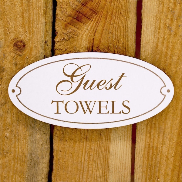 Guest Towels Sign Wood White Engraved Oval Self-Adhesive Door Sign English Guest Towels - 15 x 7 - Hotel Pension Holiday Apartment Guests