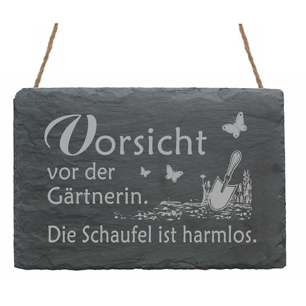 Schiefertafel « VORSICHT vor der GÄRTNERIN » Motiv GARTEN Schild Türschild Gärtnerei Schmetterlinge Schrebergarten Kleingarten Spruch