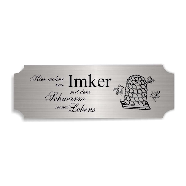 Self-adhesive sign in aluminum look «Here lives an IMKER» saying with BIENENKORB silver door sign decorative sign beekeeping house apartment