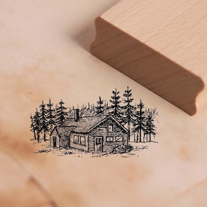 Timbre à motif maison en bois solitaire dans la forêt - timbre maison chalet timbre en bois 68 x 38 mm - scrapbooking estampage artisanat créativité maison nature