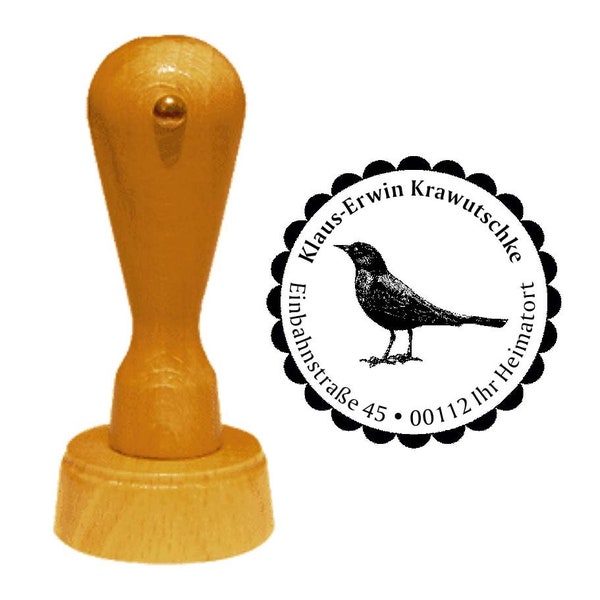 Stempel Holzstempel Adressstempel « AMSEL » mit persönlicher Anschrift und Motiv Vogel Name Singvogel Schwarzdrossel Frühling spring bird