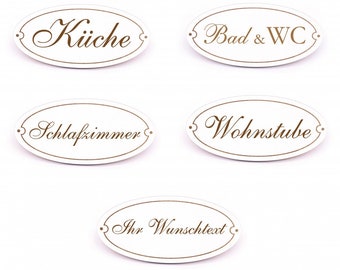 Selbstklebende Türschilder 4+1 Set - Schild oval für Schlafzimmer Wohnstube Küche Bad & WC + Wunschtext - 15 x 7 cm - Klebeschilder Wohnung