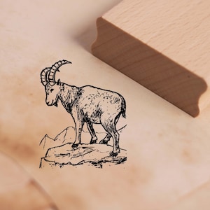 Timbro motivo Capricorno si erge su roccia Francobollo 38 x 48 mm - Francobollo in legno Scrapbooking Goffratura Francobolli Artigianato Regalo Asilo Animali