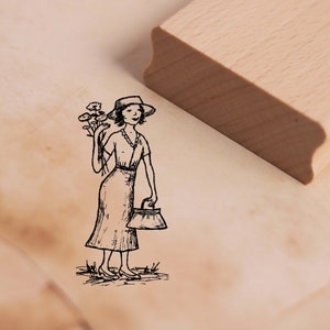 Motif Stamp Woman with Handbag and Flowers - Stamp Lady Lady 28 x 58 mm - Wooden Stamp Scrapbooking Embossing Stamps Crafts - Mama Grandma
