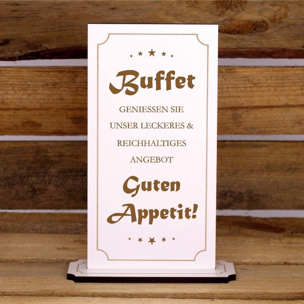 Aufsteller - Buffet Guten Appetit - Buffetaufsteller Holz graviert weiß Buffetschild Service 10x20cm - Restaurant Hotel Pension Hochzeit