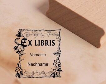 Ex Libris stamp with name - paper leaf, flowers and heart - ex libris motif stamp 48 x 48 mm - book stamp book stamp property book mark