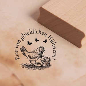 Motivstempel Eier von glücklichen Hühnern - Huhn mit Kopftuch Eierkorb Holzstempel Stempel 38 x 38 mm - Scrapbooking Landhaus Bauernhof Ei