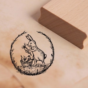 Motivo Timbro Coniglio con Cesto di Carote Francobollo 48 x 48 mm - Francobollo in legno Scrapbooking Goffratura Francobolli Artigianato Regalo Pasqua Primavera