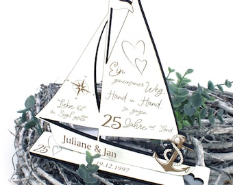 Silver wedding decoration wedding anniversary 25 years anniversary - with name and date - ship stand - 18 x 20 cm - silver wedding gift