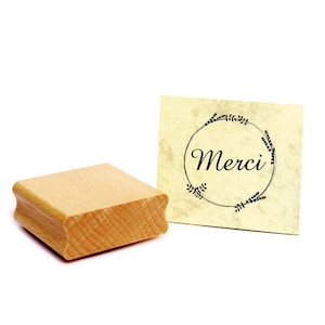 Timbro con motivi MERCI - Grazie timbro vintage ghirlanda floreale ringraziamento timbro in legno francese 48 x 48 mm
