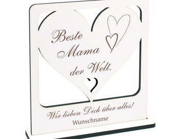 Deko Aufsteller Beste Mama - WIR lieben dich über alles - inkl. Name - Herz Schild 16 x 16 cm - persönliches Geschenk Muttertag Geburtstag