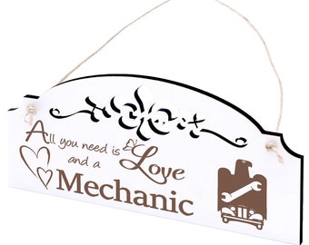 Schild Mechaniker Deko 20x10cm - All you need is Love and a Mechanic - Holz - Türschild Dekoschild Vintage Shabby Ornament Geschenk KFZ