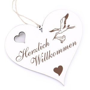 Welcome sign - stork with baby - decoration heart wood - door sign 13 x 12 cm - heart sign door decoration family house entrance decoration sign