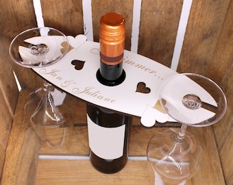 Oval wine glass holder with hearts - engraved forever with name • Wine butler hanger for 2 wine glasses • 28 x 11 cm • Gift wedding love