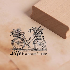 Motiefstempel fiets met spreuk Life is a beautiful ride - stempel houten stempel 58 x 48 mm - scrapbooking reliëfdruk knutselen stempelen