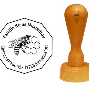 Stempel Holzstempel Biene Bienenwabe Ø 40 mm mit Motiv, Name und Adresse - Motivstempel Imkerei Imkerstempel Bienenzucht Bienenzüchter Imker