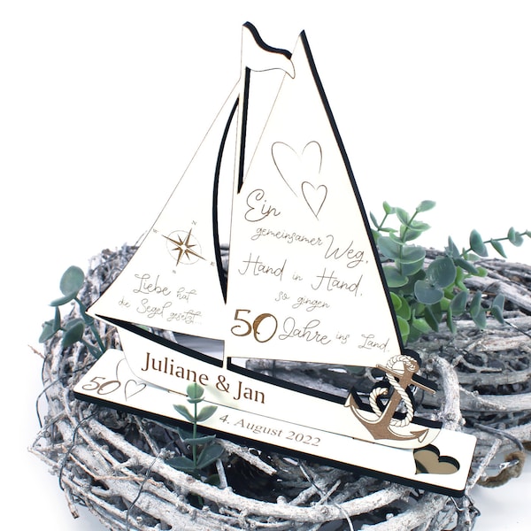 Golden Wedding Decoration Wedding Anniversary 50 Years Anniversary Personalized Wooden Stand Ship - 18 x 20 cm - Gift Wedding Wedding Gift