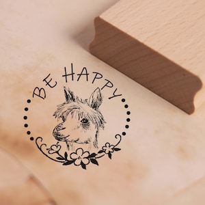Timbro Be happy alpaca - timbro motivo circa 38 x 38 mm • timbro in legno scrapbooking • timbro animale lama bambini compleanno scuola fiori cammello
