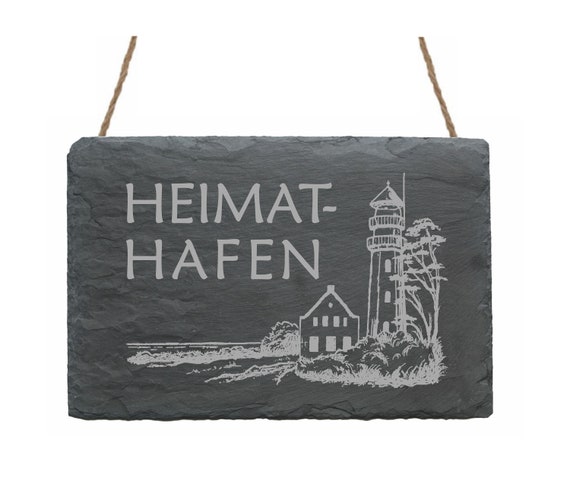 Wetterfeste Schiefertafel « HEIMATHAFEN » mit Motiv Leuchtturm Schild Türschild Wanddekoration Geschenk Maritimes Ostsee Nordsee Küste Meer