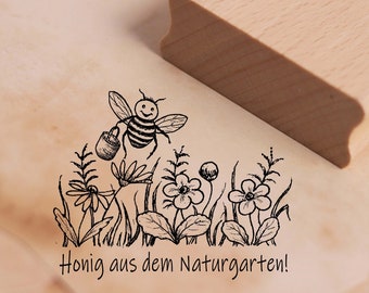 Timbre motif Miel du jardin naturel Stamp Bee Flower Meadow 48 x 38 mm - Timbre en bois Scrapbooking - Cadeau Apiculteur Apiculture Jardin Fleur