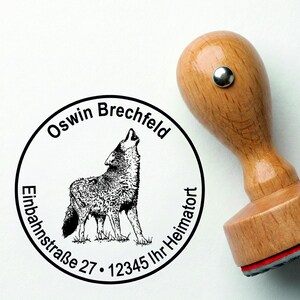 Personalisierter Adressenstempel mit Wolf-Motiv – Holzstempel mit individueller Adresse & Wunschtext