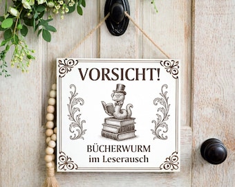 Vorsicht Bücherwurm Schild – Bücherliebhaber Geschenk – Leseratte Deko – Bibliothek Holzschild – Book Lover Gift