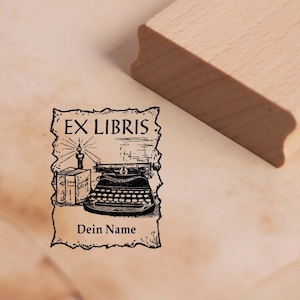 Sello Ex Libris con nombre - máquina de escribir y libros - sello de motivo vintage ex libris 38 x 48 mm - sello de madera libro libro sello propiedad