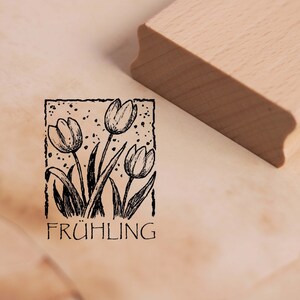 Motivstempel Frühling Tulpen im Rahmen - Stempel Holzstempel 38 x 48 mm - Scrapbooking Embossing Basteln Stempeln Geschenk Muttertag
