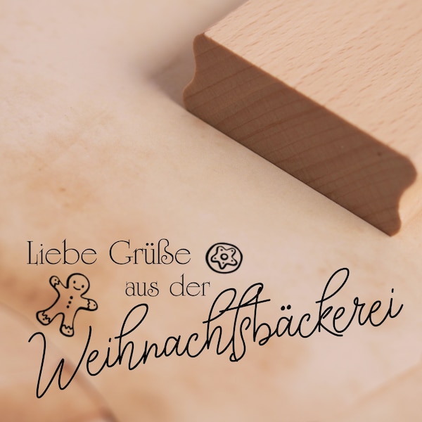 Stempel Liebe Grüße aus der Weihnachtsbäckerei - Lebkuchenmann Motivstempel ca. 98 x 41 mm • Wooden Stamp Baking Cookies Gingerbread Baker