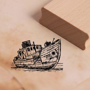 Timbro con motivo "naufragio" - timbro "relitto vecchia nave" in legno 58 x 38 mm - scrapbooking, goffratura, artigianato, timbratura, idea regalo