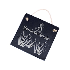 Shield Bornholmverliebt - Motif Anchor Reeds - made of slate - 11 x 11 cm - Decorative sign Door sign Wall decoration Gift Baltic Sea Souvenir Holiday Sea