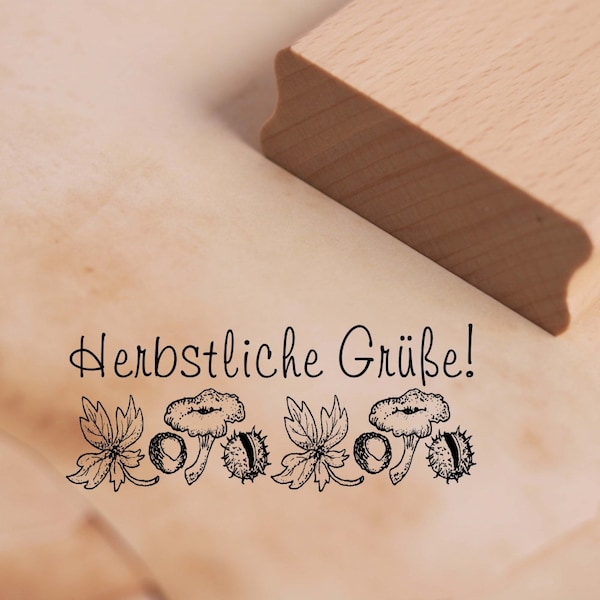 Motivstempel Herbstliche Grüße - Kastanien Pilze Herbst Stempel 68x28 mm - Holzstempel Embossing Scrapbooking Stempeln Basteln Gruß Geschenk