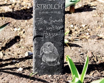Dwarf rabbit grave marker animal gravestone slate memorial plaque with engraving personalized 8 x 22 cm - name date - gravestone grave decoration rabbit