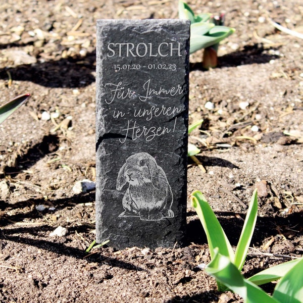Dwarf rabbit grave plug animal gravestone slate memorial plaque with engraving personalized 8 x 22 cm - name date - gravestone grave decoration rabbit