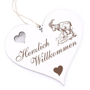 Welcome Sign - Capricorn - Decoration Heart Wood - Door sign 13 x 12 cm - Heart Shield Door decoration Family House Entrance Decorative sign animals