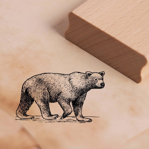 Motif Timbre Brown Bear Goes Stamp 48 x 28 mm - Timbre en bois Scrapbooking Embossage - Gift Bear Grizzly Kindergarten School Animal Stamp